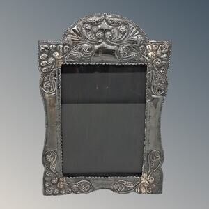 1910s STERLING SILVER Floral Repousse Picture Frame With Wood Easel Backing
